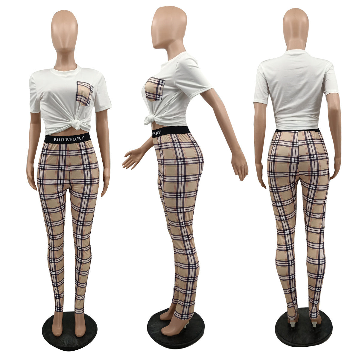Women's Fashion Casual Striped Checkered Patchwork Pocket Two-Piece Pants Set 3
