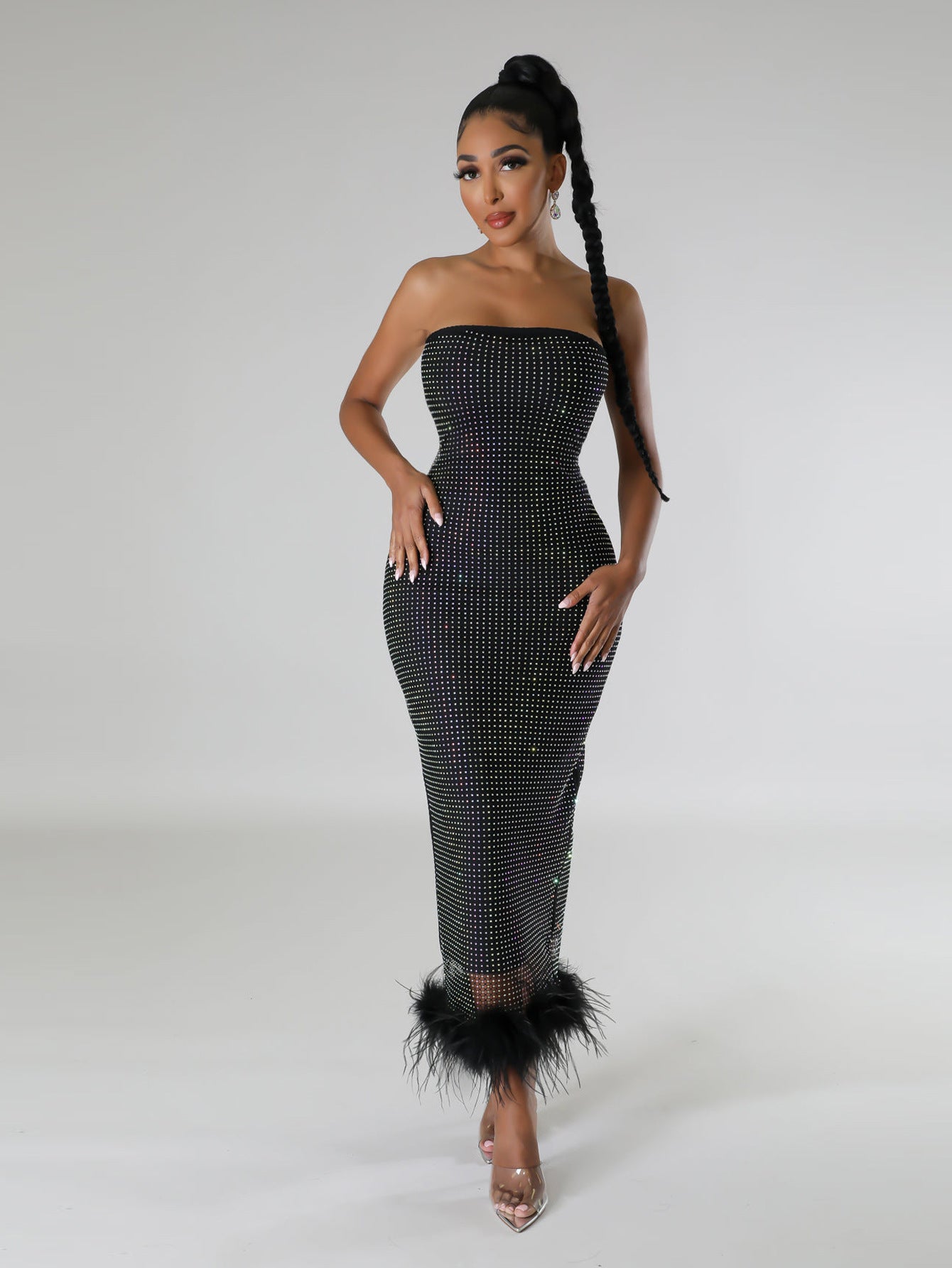 Women's Strapless Mesh Beaded Feather Slit Sexy Fashion Black Dress