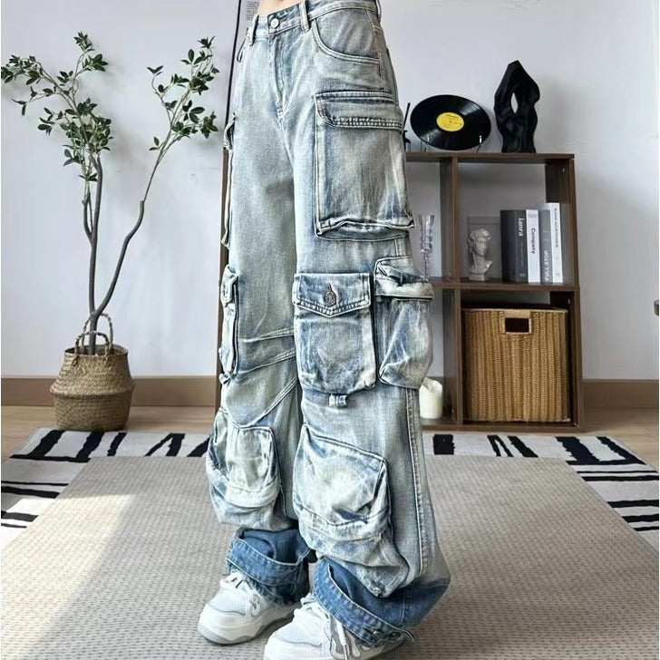 Spring Street-Style Pocket Washed Gradient Cargo Pants Casual Jeans 6
