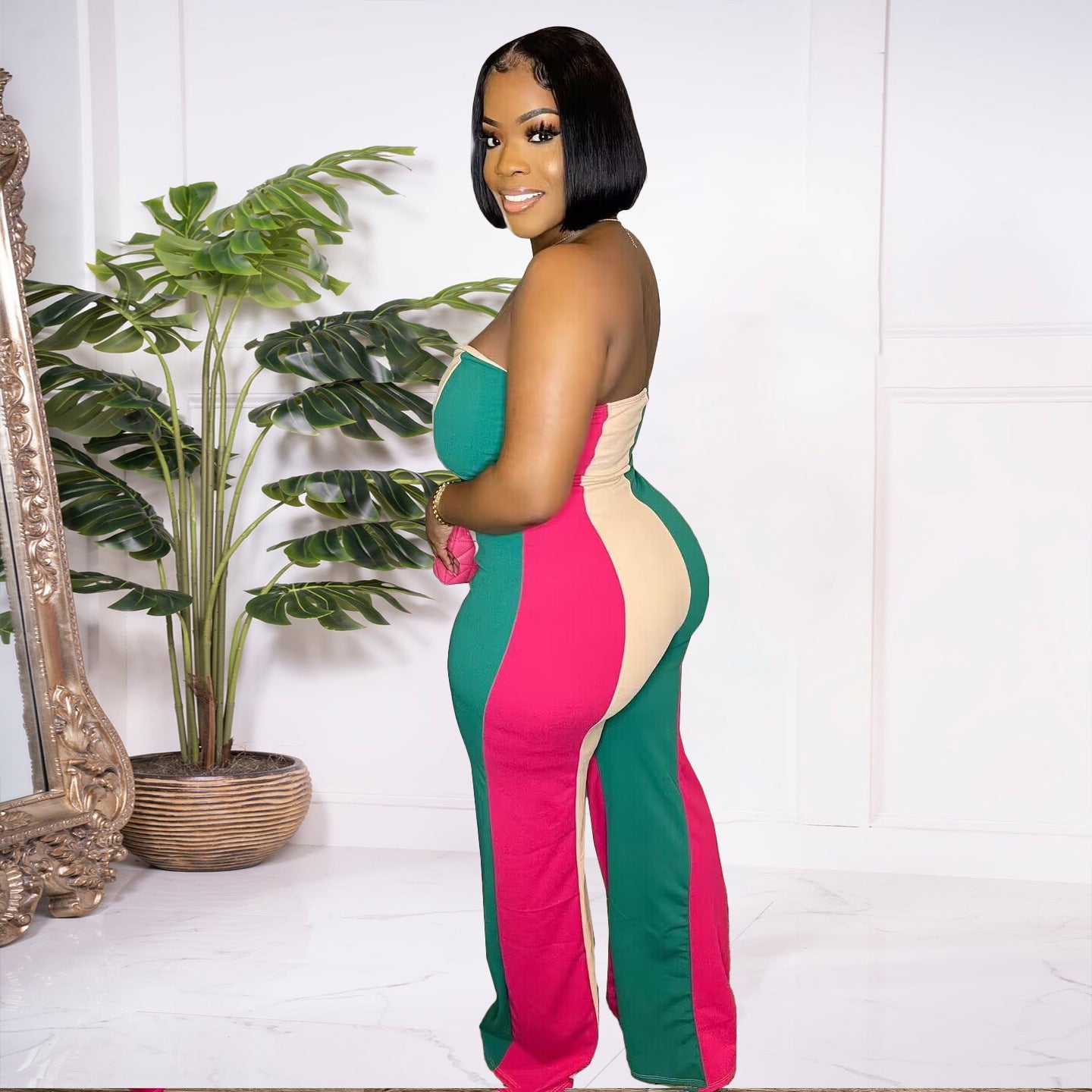 Ladies Fashion Digital Positioning Print Sexy Strapless Wide Leg Jumpsuit 4