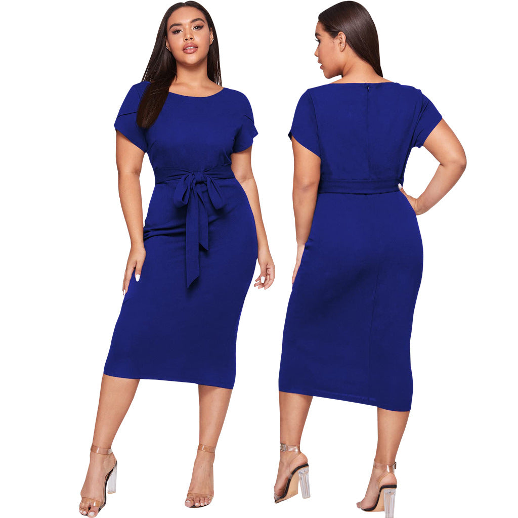 Women Round Neck Belted Short Sleeve Midi Dress 4