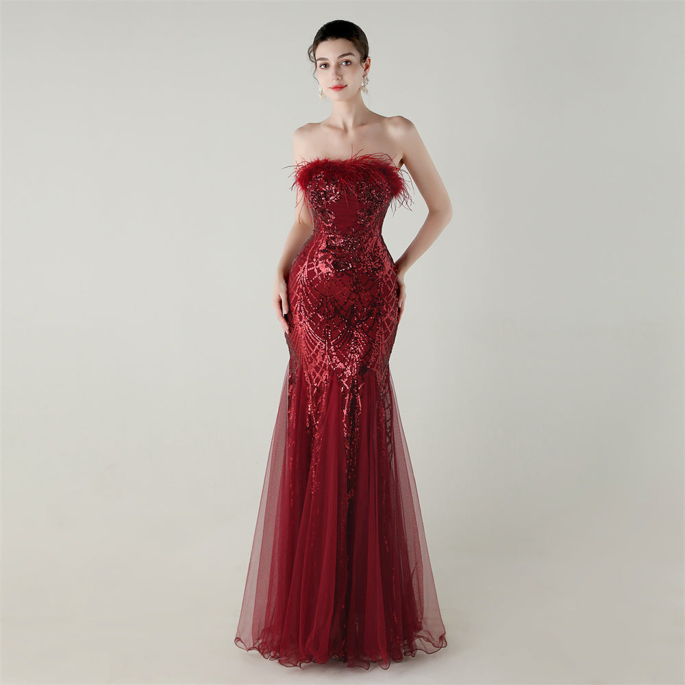 Women sequined tube flower ostrich feather Strapless cross Lace-Up Mesh Formal Party fishtail evening dress 8