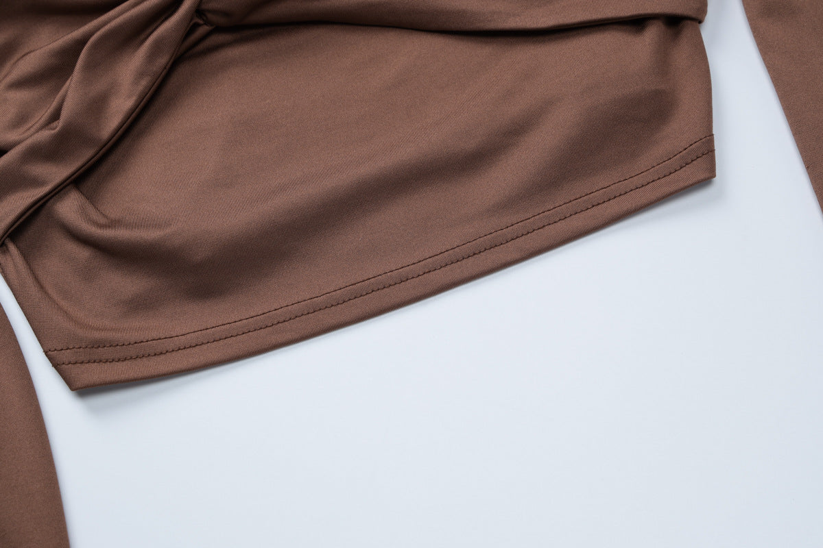 Women's Autumn Long Sleeve Halter Neck Top Pleated Slim Bell Bottom Trousers Fashion Sports Two Piece Set 15