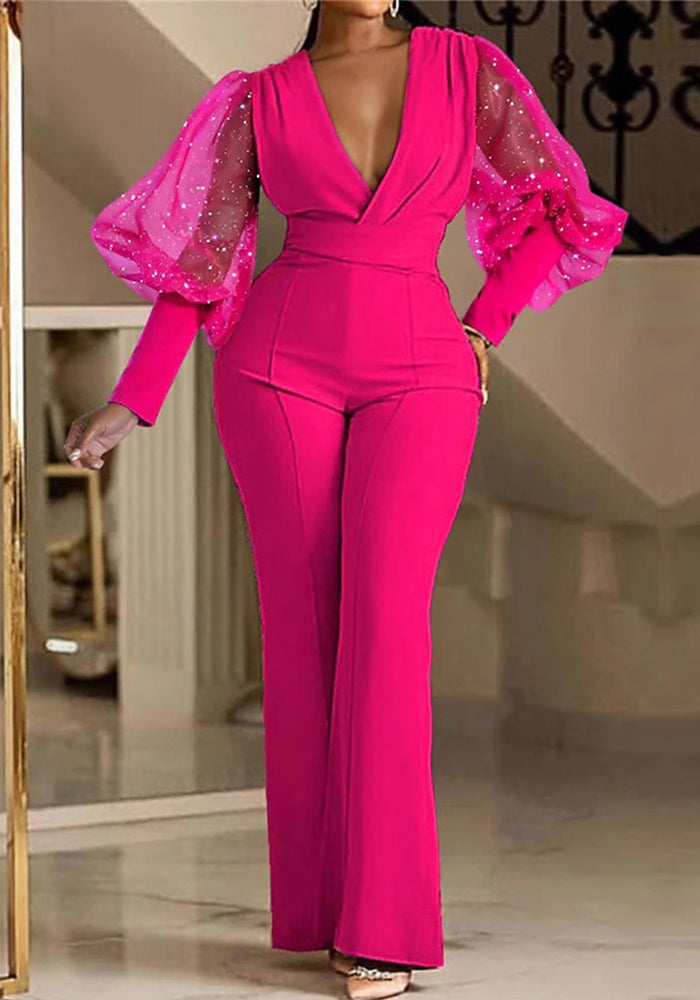 Women autumn V-neck mesh patchwork wide-leg jumpsuit