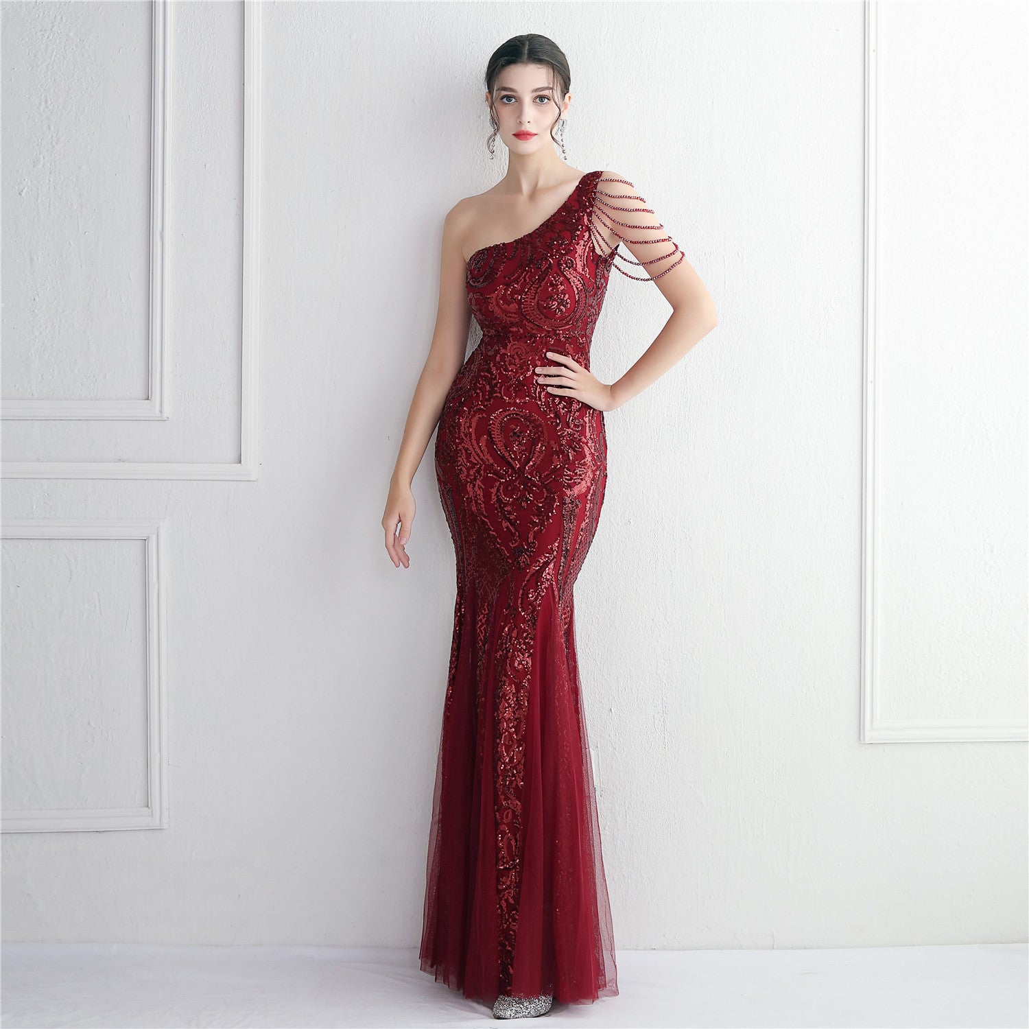 WomenElegant SequinOne Shoulder Evening Dress 7