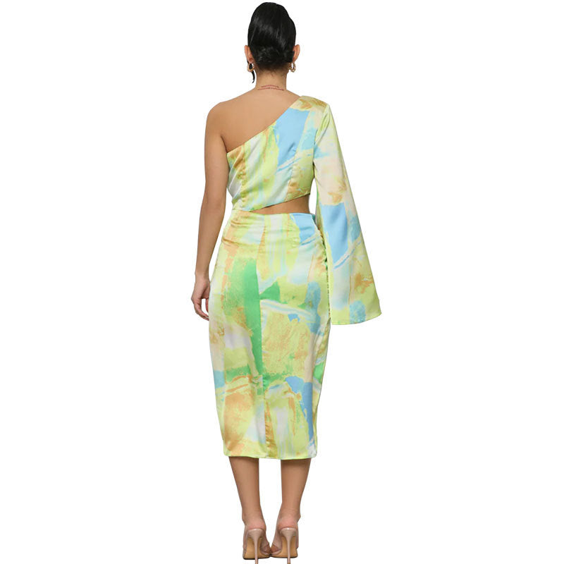 Women Spring/Summer Printed One-Sleeve Casual Maxi Dress 3