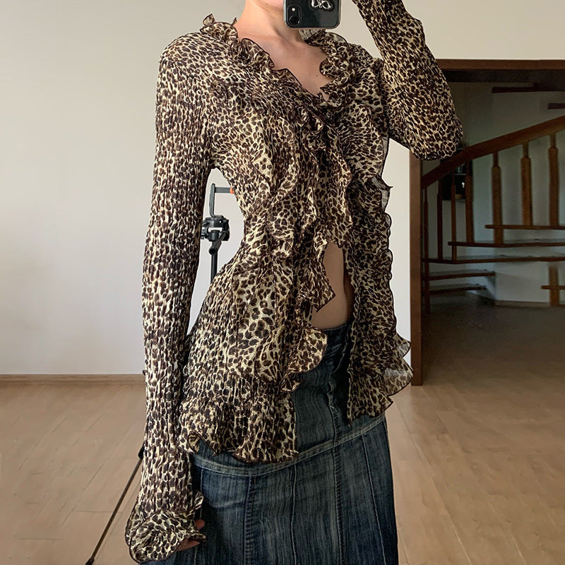 Women Sexy Ruffle Edge V Neck Animal Print Bell Bottom Sleeve Top 3