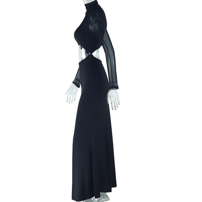 Women Solid mesh Patchwork Long Sleeve Hollow Chic Casual Dress 7