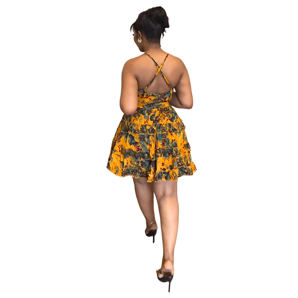 Women Deep V Sexy Camisole Ruffle Edge Print Backless Dress 6