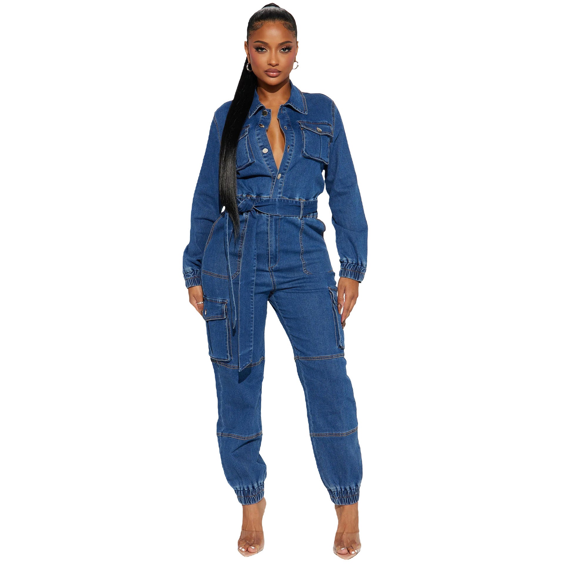 Stylish Street Style Slim Waist Tight Fitting Multi-Pocket Elastic Waist Denim Cargo Jumpsuit 6