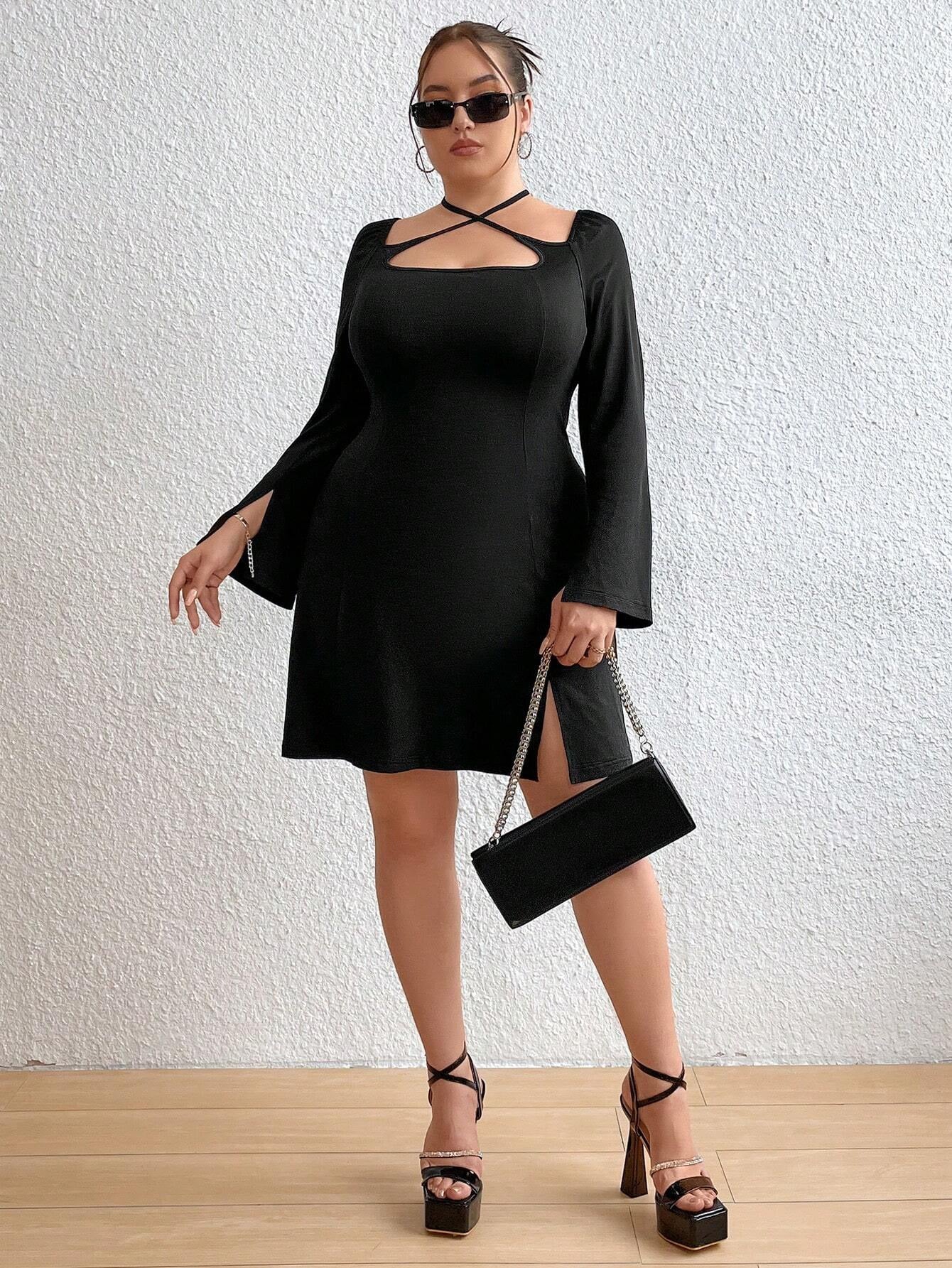 Plus Size Women's Autumn And Winter Slim Fit Slit Long Sleeve Sexy Mini Bodycon Dress 5