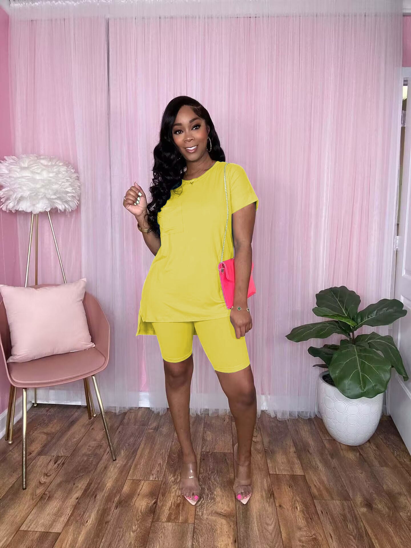 Women's Fashion Casual Spring Summer Pocket Slit Top Shorts Two-Piece Set 5