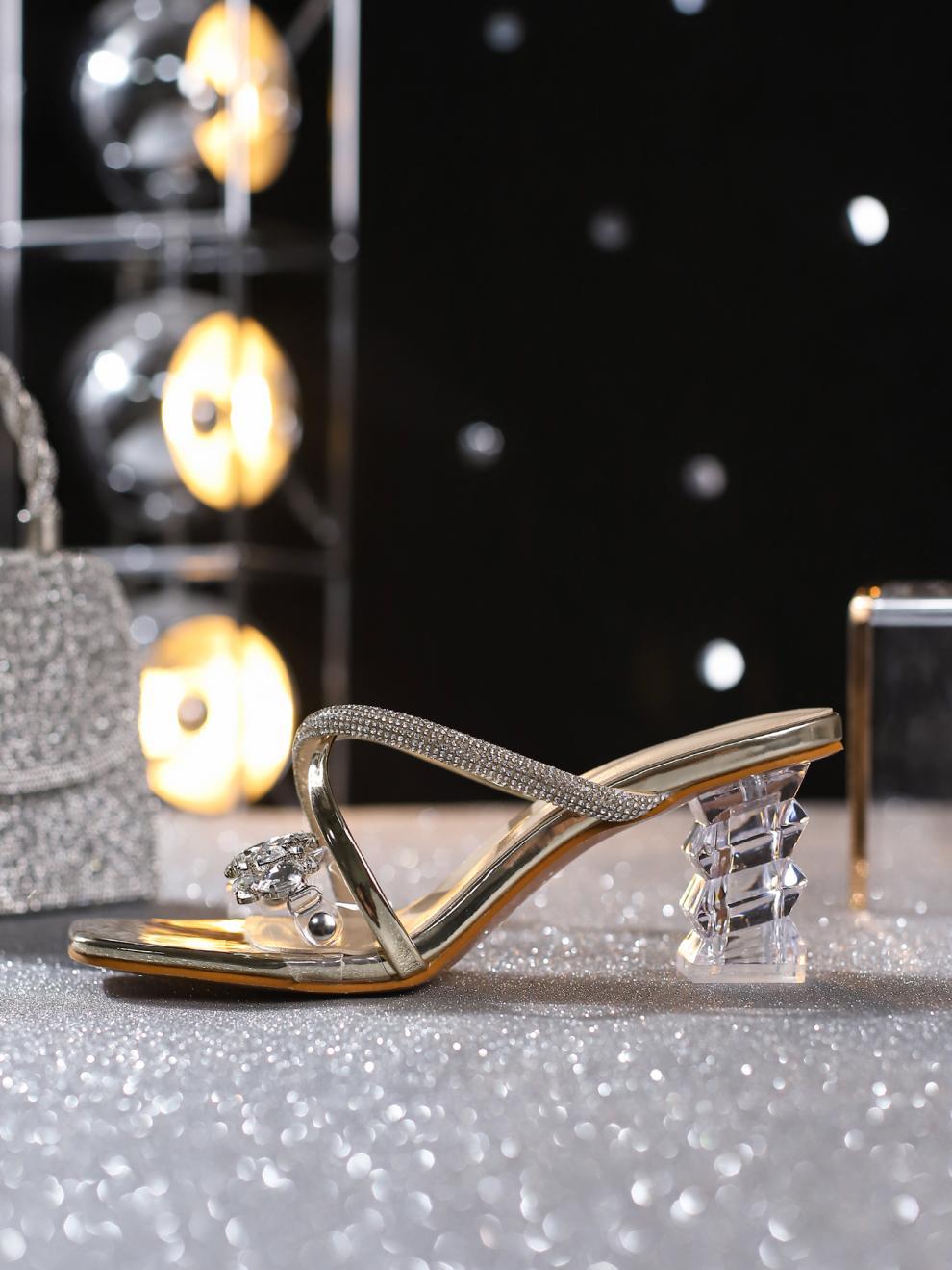 Women Square Toe Diamond Block Heel High Heel Open Toe Sandals 11