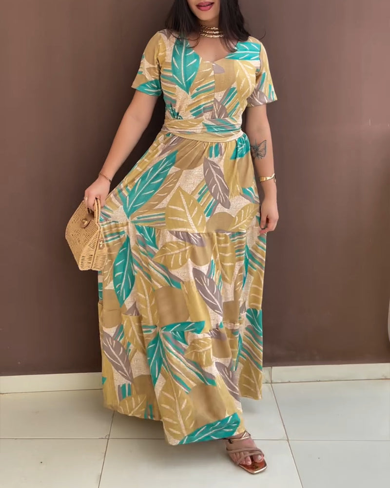 Fashionable Floral Print Short Sleeve Tie Slim Waist Holiday Long Dress 3