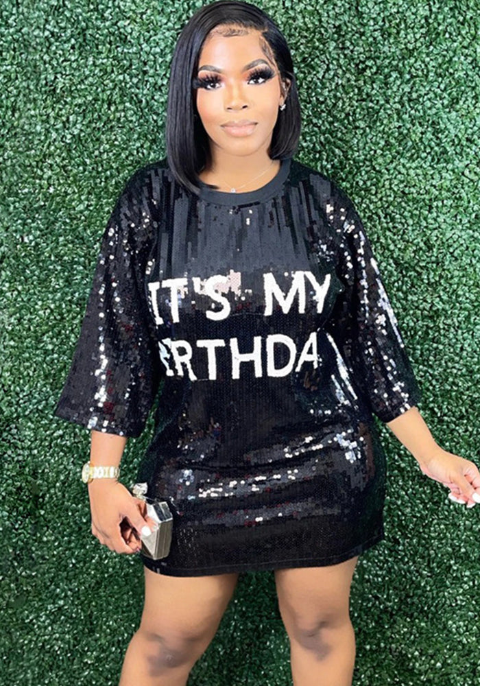 Women Round Neck Half-Sleeve Loose Sequin Print Dress