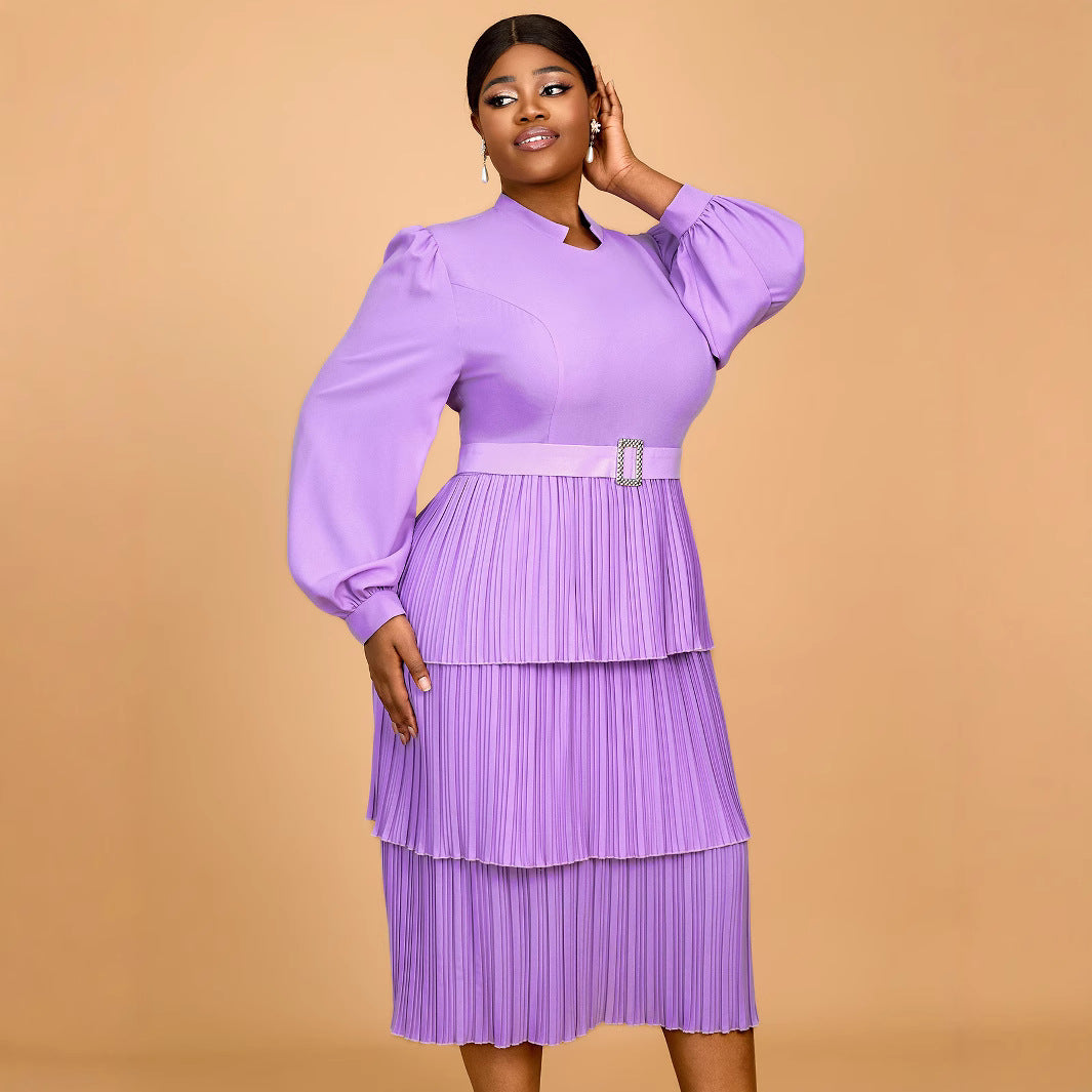 Women Spring and Summer Lantern Sleeve Pleated Cascading Ruffles Dress 4