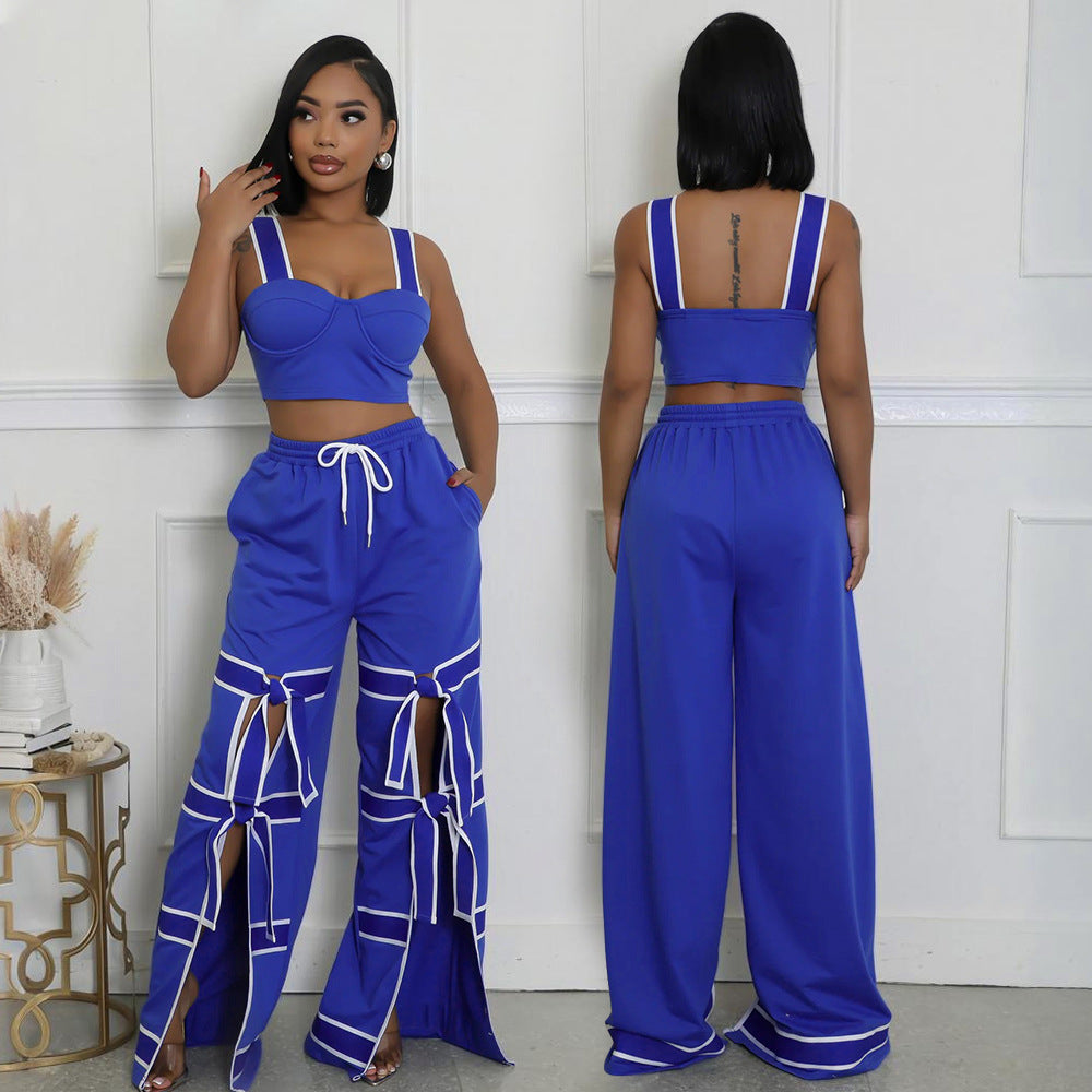 Women Two Piece Set Suspender Top Lace Wide Leg Pants Two Piece Set 3