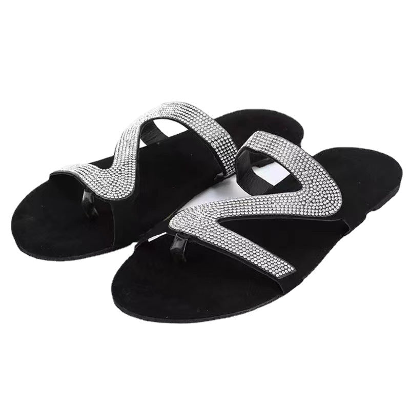 Plus Size Flat Sandal Flip flops Z-line Rhinestone Clip Toe Casual Outdoor Wear Beach Women's Shoe 8