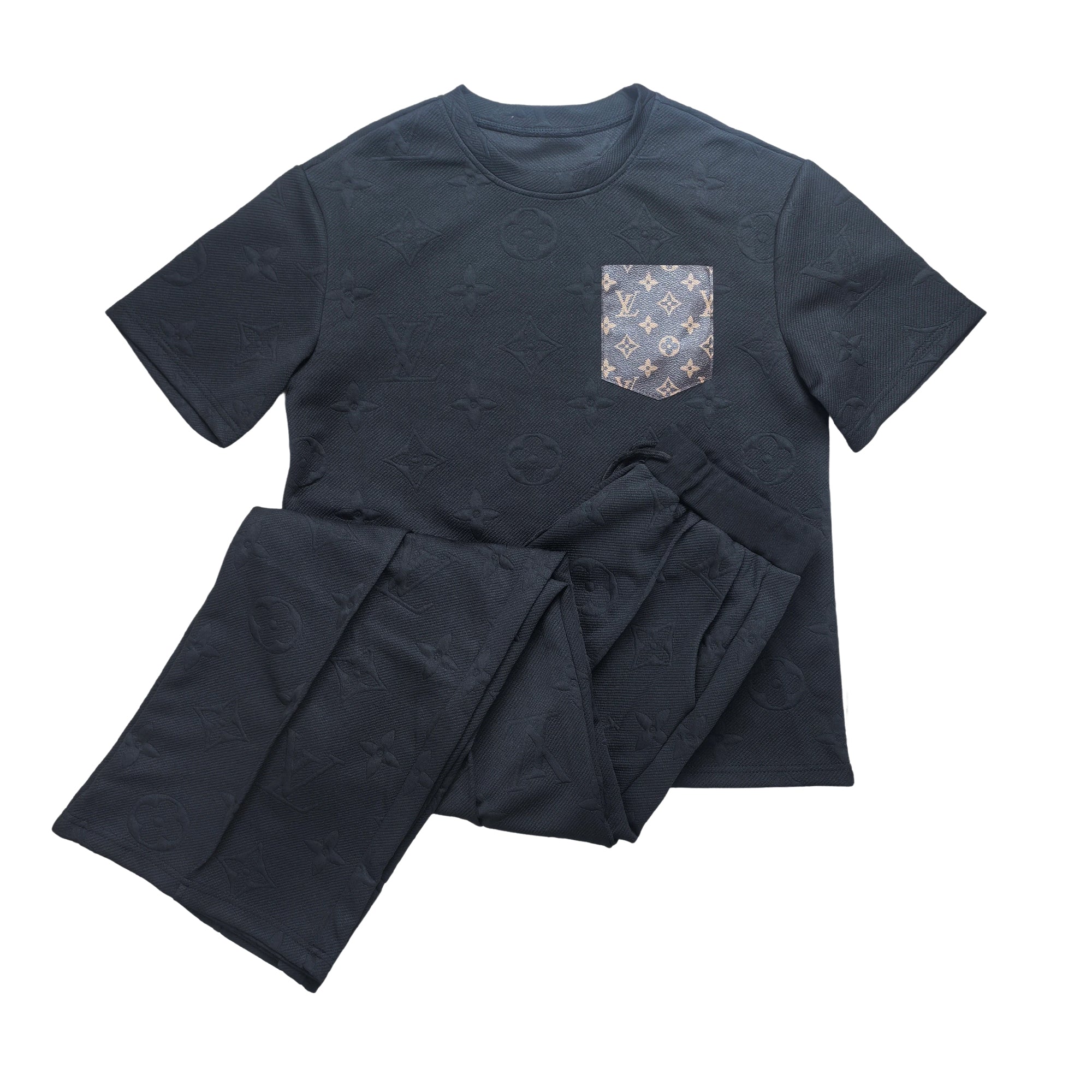 Women casual Pu-Leather pocket short-sleeved top and long pants jacquard two-piece set 10