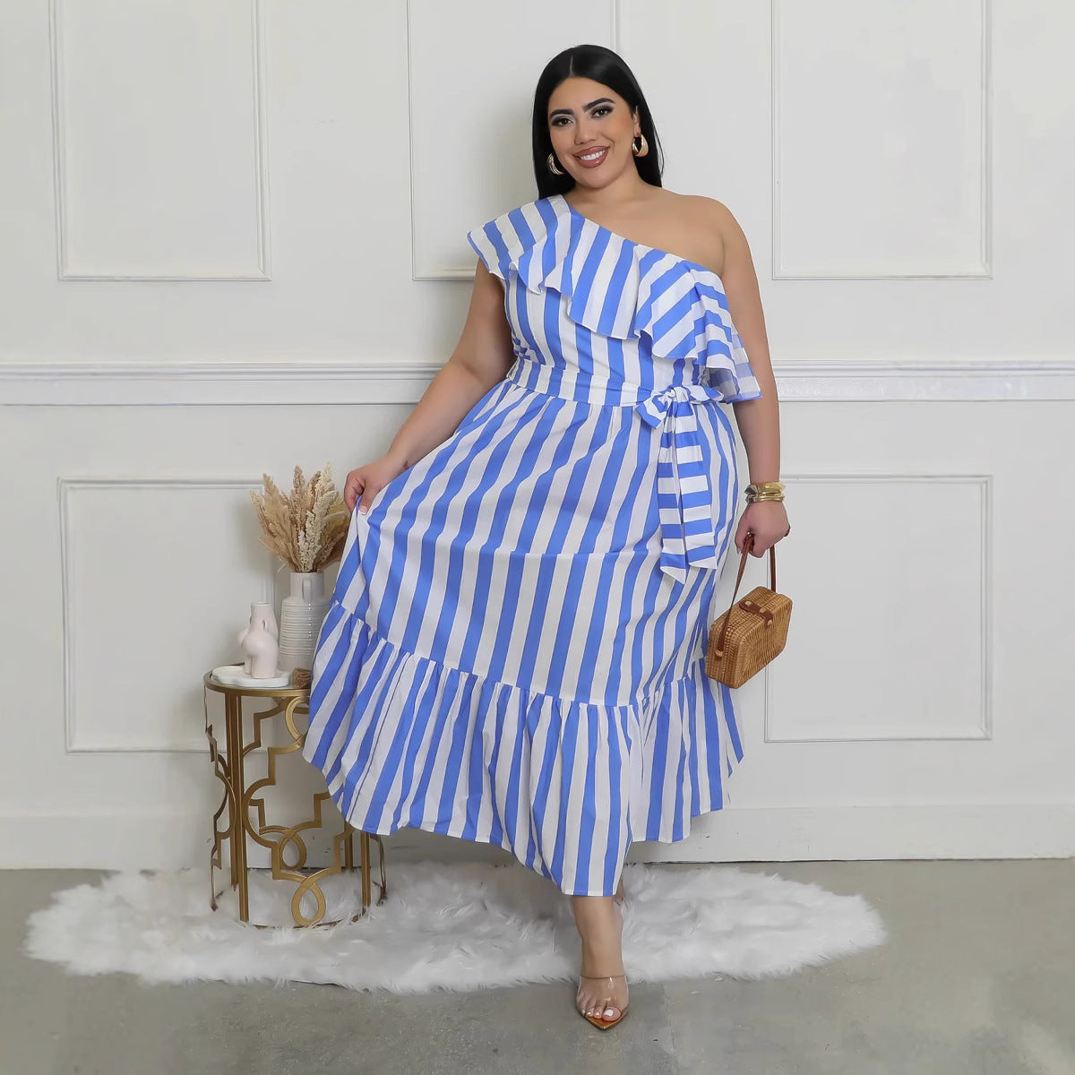 Women Striped Slash Shoulder Dress 9