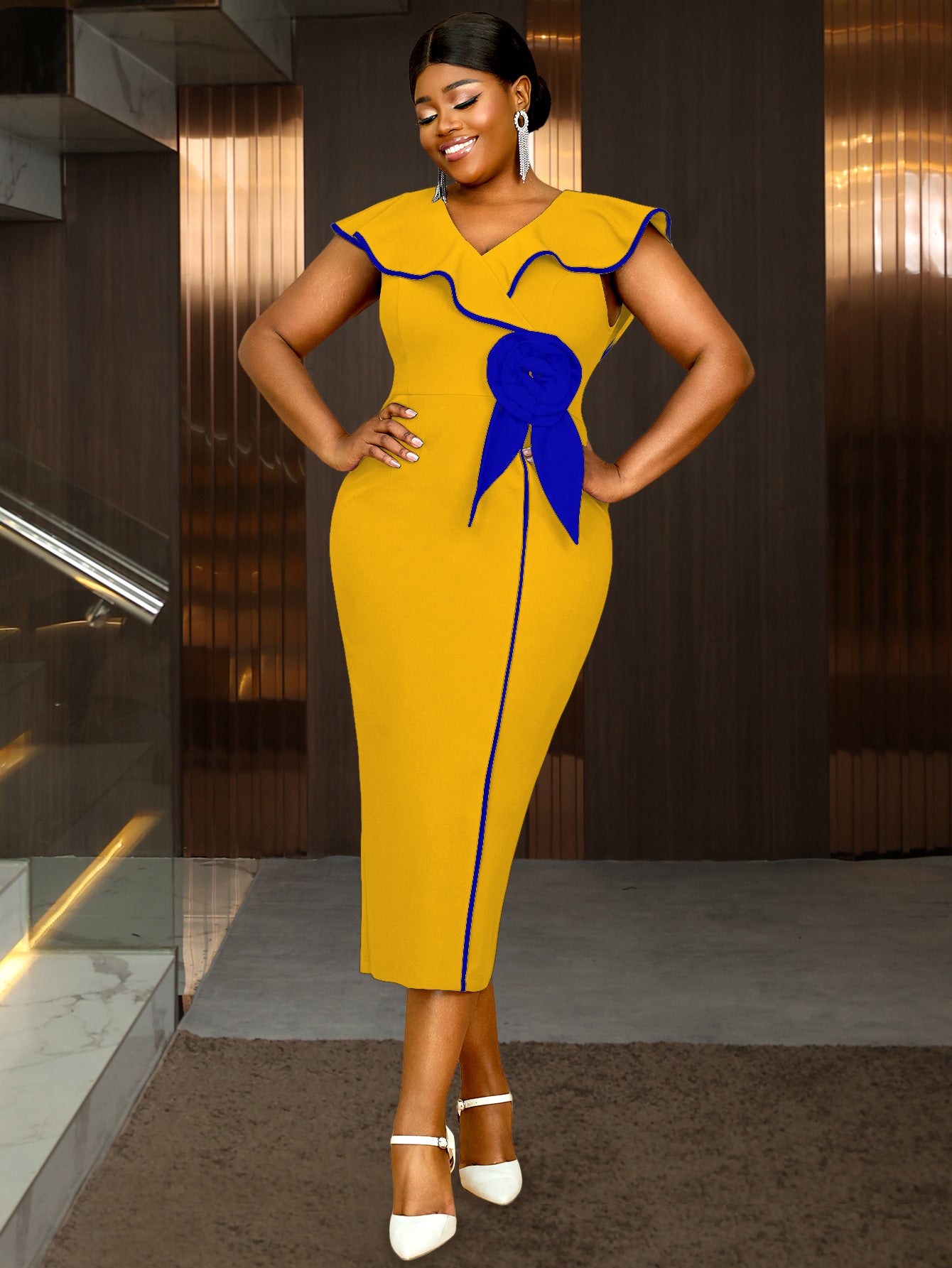 Plus-Size Contrast Flower Ruffle Sleeve Elegant Chic Formal Party Dress 23