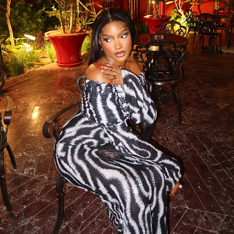 Casual Women's Striped Off Shoulder Long Sleeve Slim Long Dress