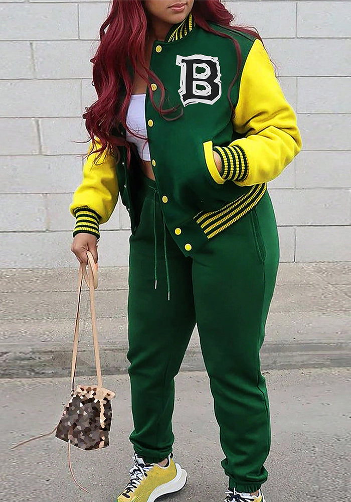 Autumn And Winter Women's Button Print Fashion Casual Baseball Jacket Pants Two-Piece Set