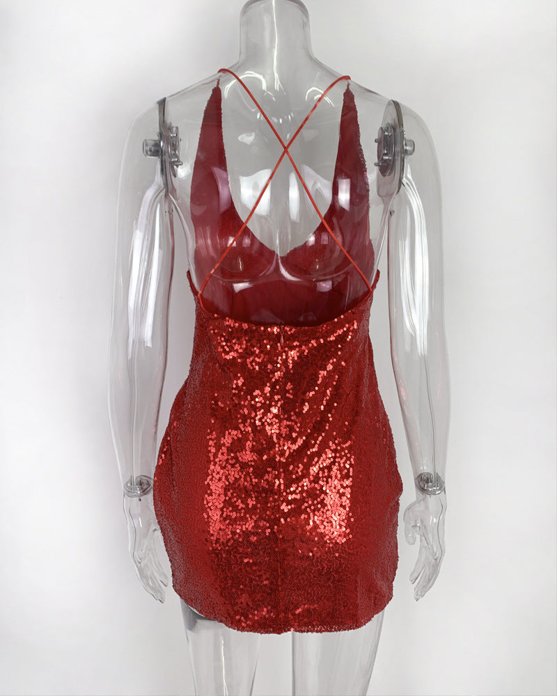 Women's Spring V-Neck Sequin Strap Dress 4