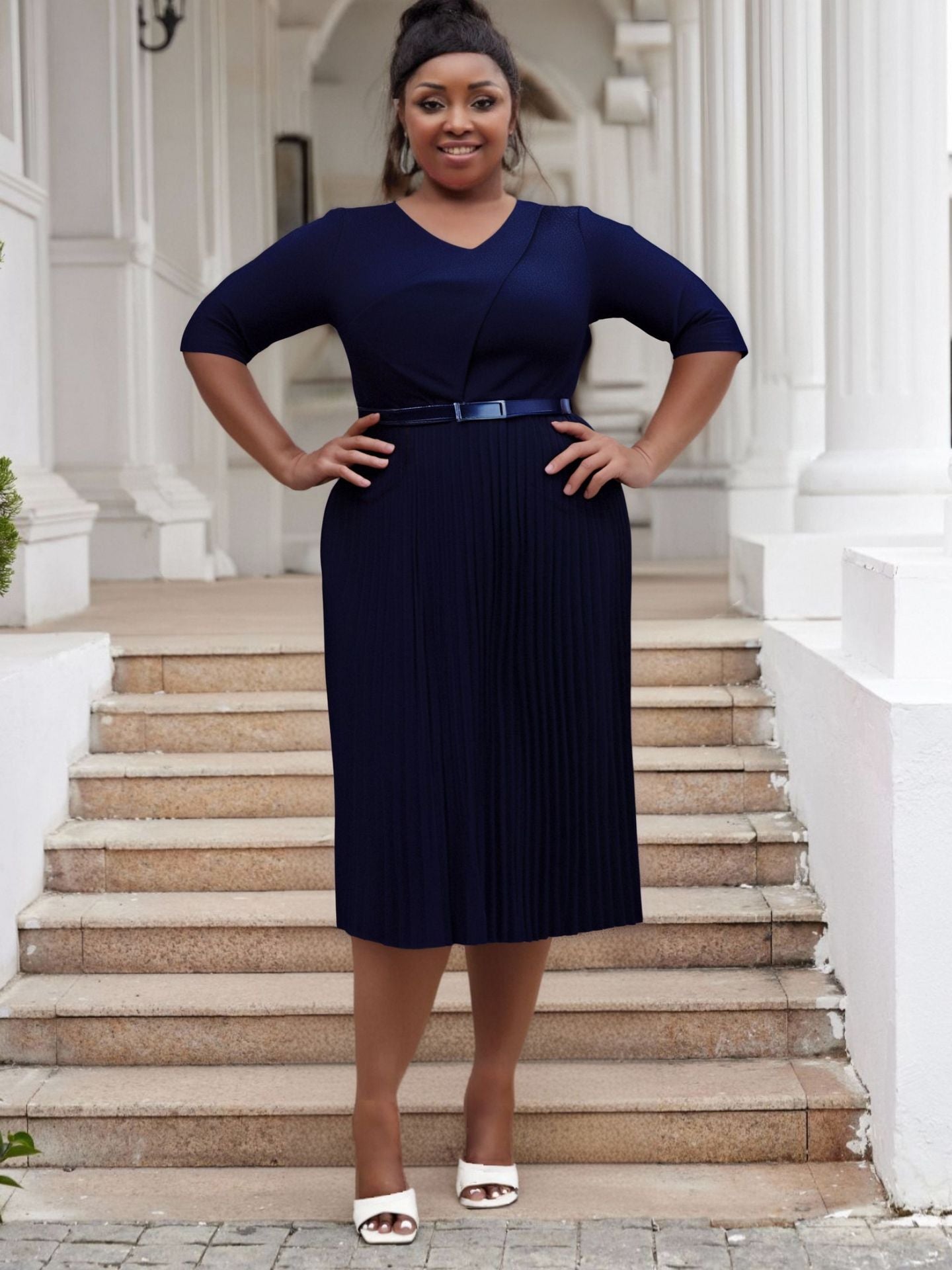 Plus Size fashion Career women's summer fashion Chic V-neck solid color pleated office dress 7