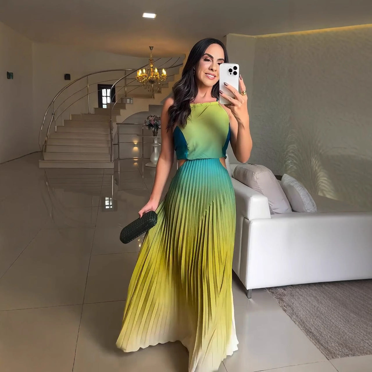 Women's Fashion Chic Elegant Halter Neck Pleated Gradient Maxi Dress 5