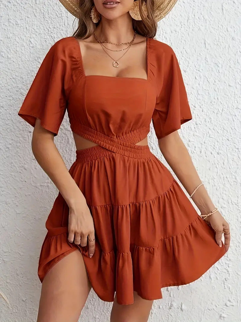 Summer Square-Neck Women's Solid Hollow-Out Open Waist Sexy Dress