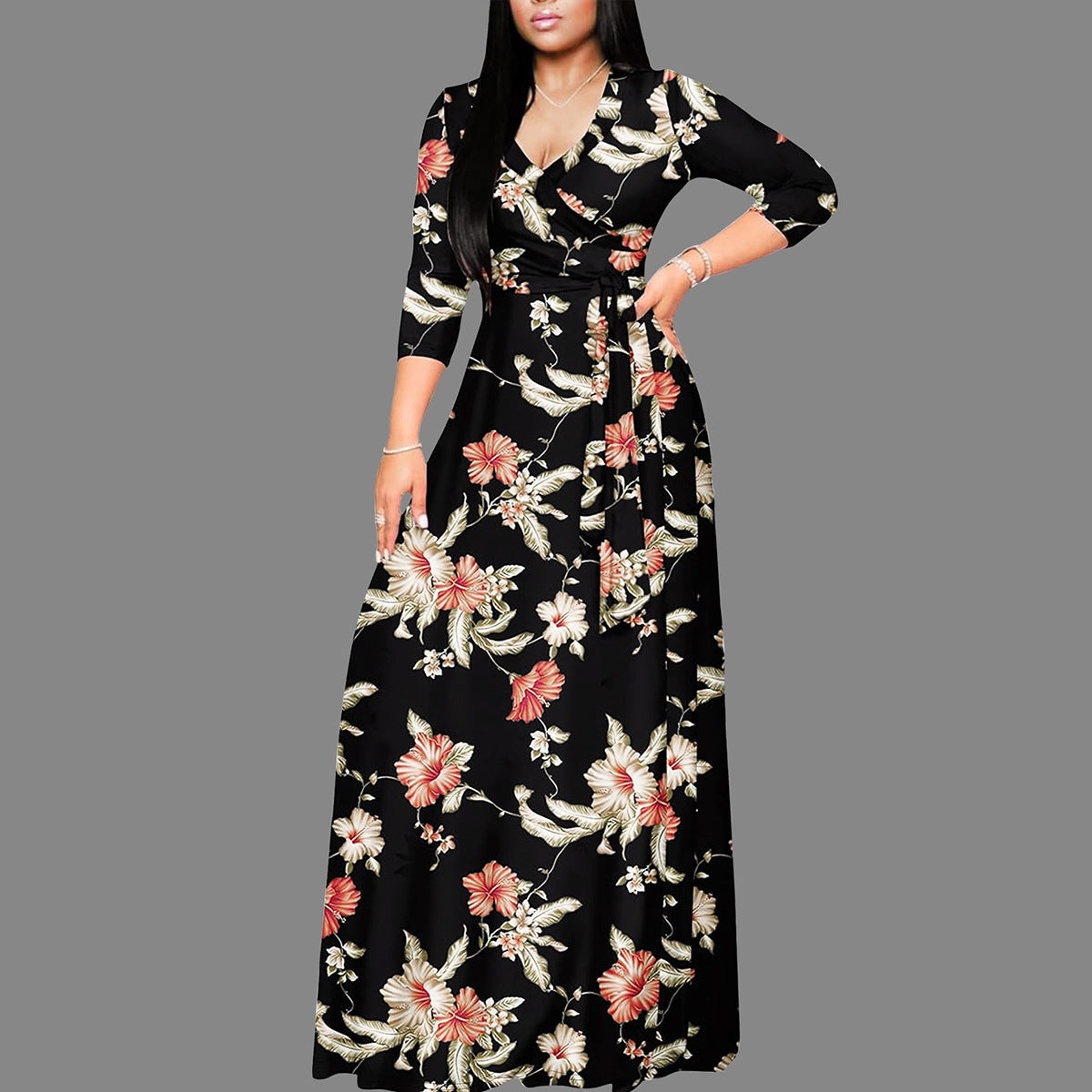 Spring & Autumn Women's Fashion Elegant Wrap V-Neck Half-Sleeve Print Belt Maxi Dress 5