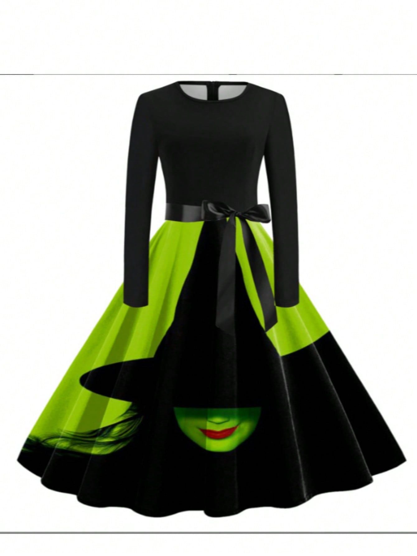 Women Halloween Witch Long-Sleeved Round Neck Dress 7