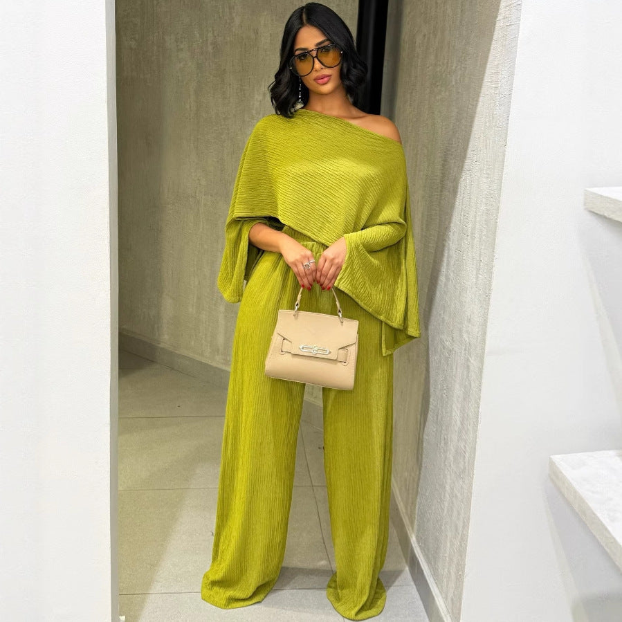 Women's Pleated Slash Shoulder Top and Pants Africa Chic Set 8