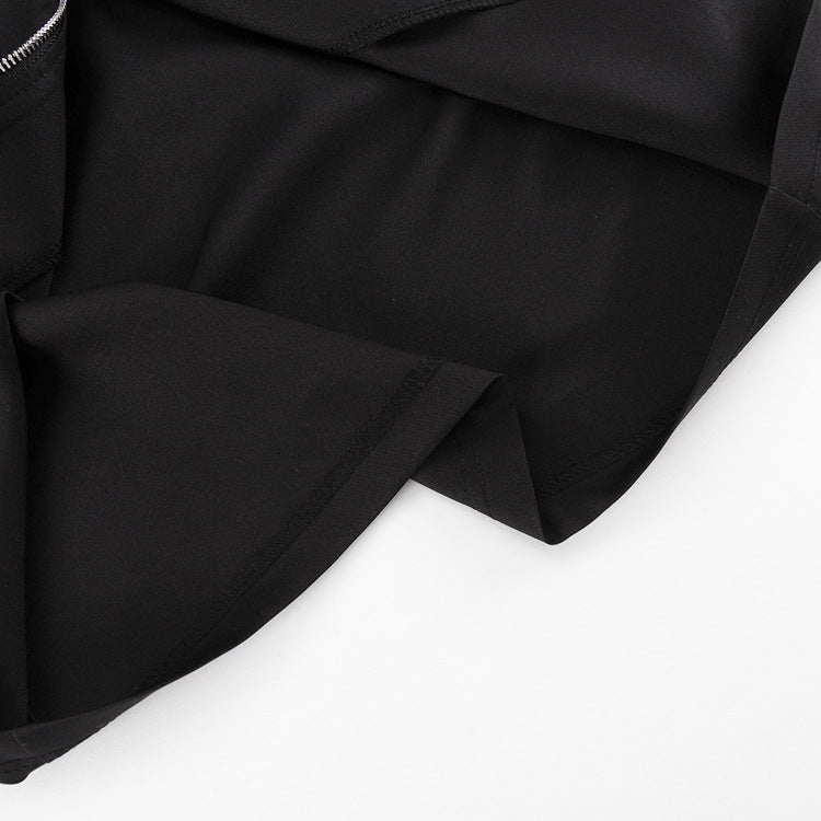 Women's Fashion Turndown Collar Zipper Long Sleeve Black Dress 16