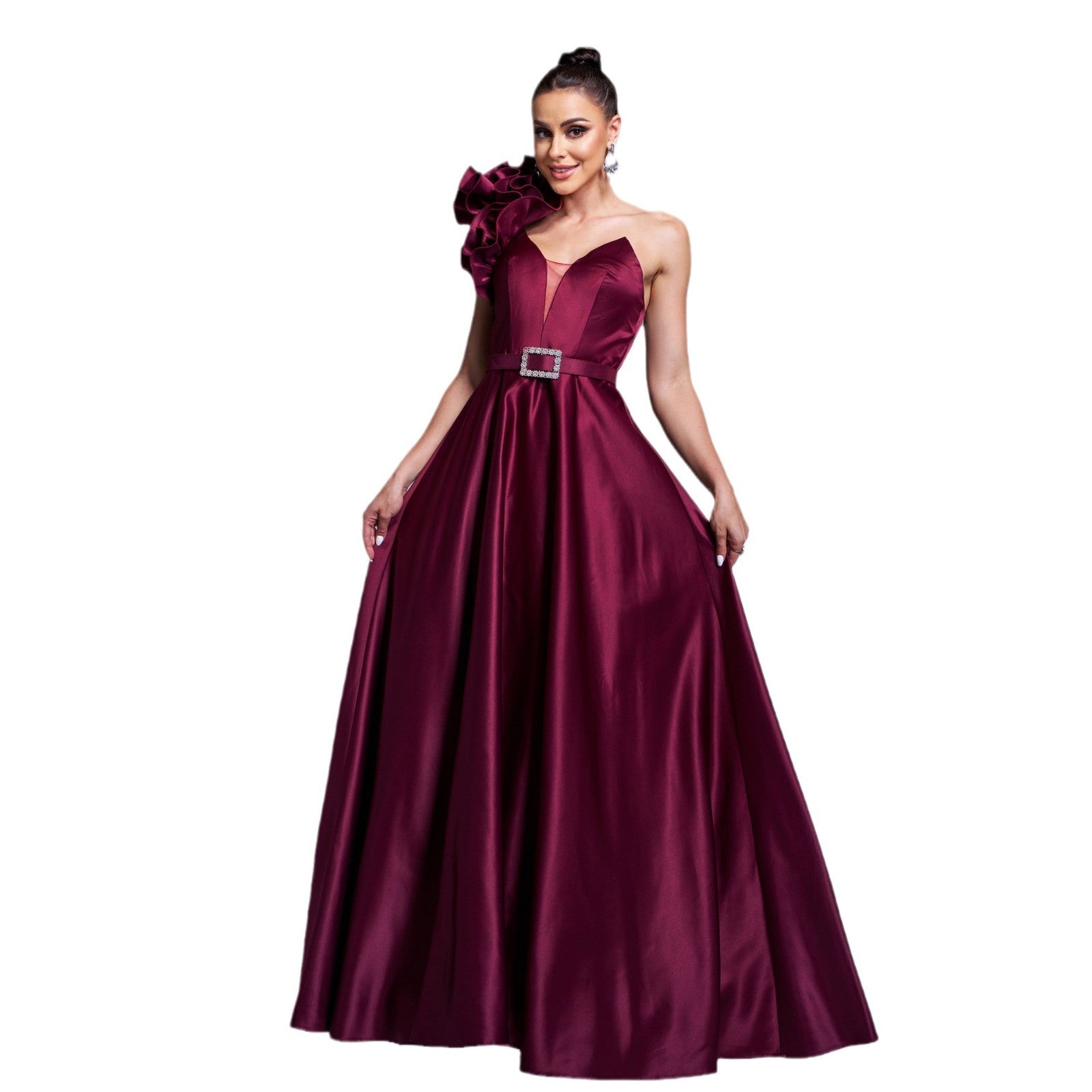 Chic One Shoulder Slash Shoulder Formal Party Slim Waist Evening Dress Women Bridesmaid Gown 6