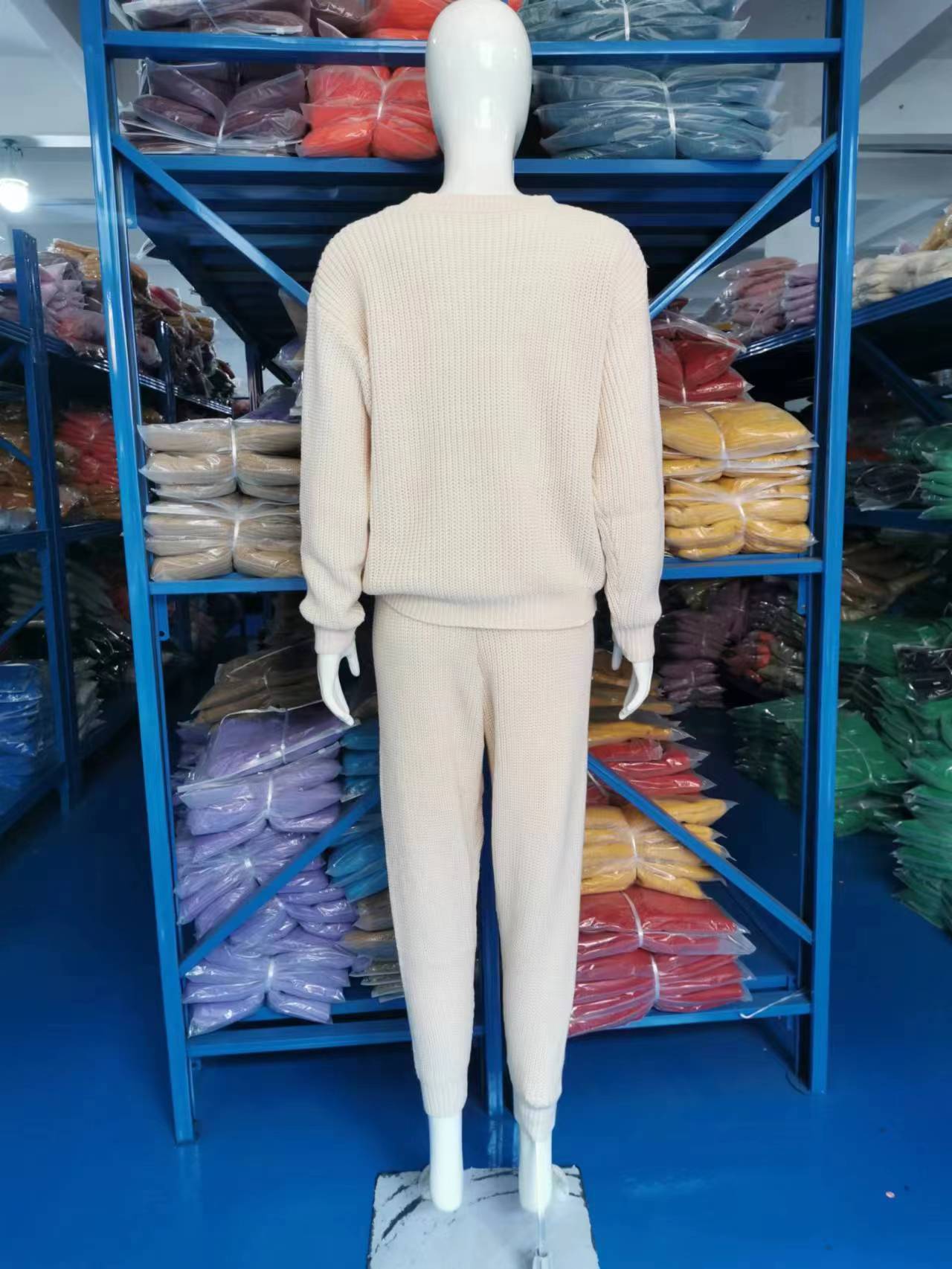 Fashion Casual Knitting Two Piece Pants Set Solid Long Sleeve Loose Sweater Trouser Suits Women's Clothing 37