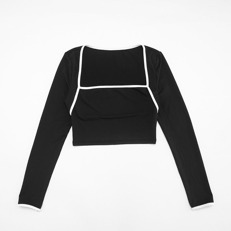 Women's Autumn Winter Solid Color Patchwork Color Block Trim Long Sleeve Top Slim Pants Set 17