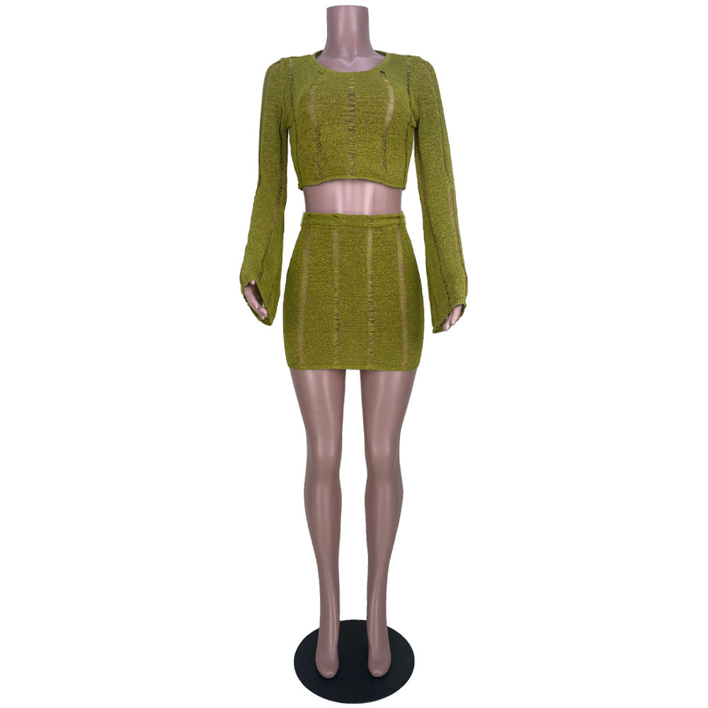 Women's Summer Fashion Casual Cutout Round Neck Top Slim Skirt Two-Piece Set 11
