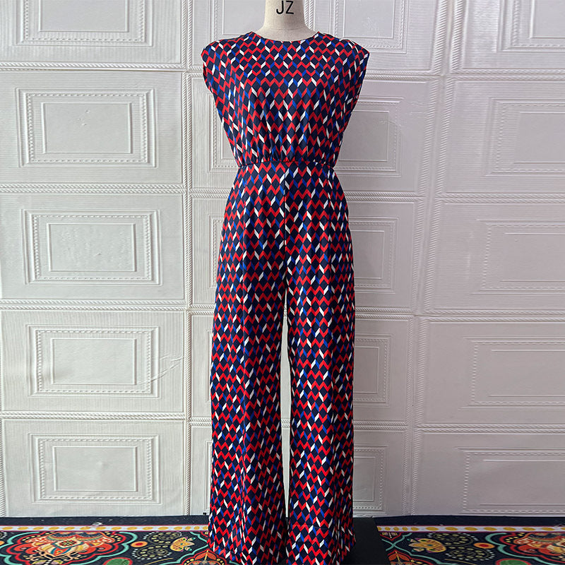 Women Summer Sleeveless Diamond Plaid Wide-Leg Jumpsuit 5