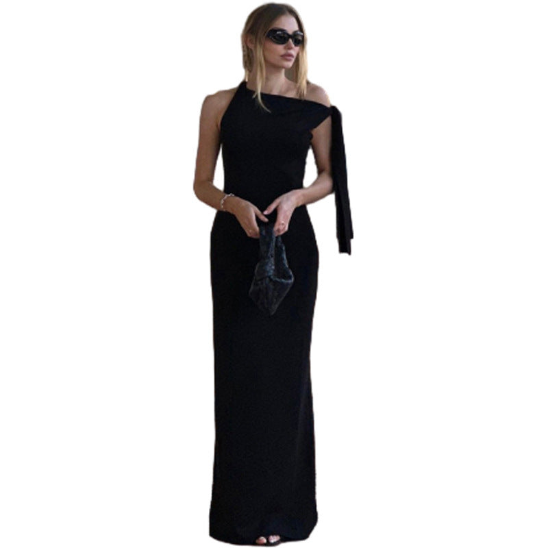 Spring & Summer Women's Casual Sexy Solid Slash Shoulder Sleeveless Slim Long Dress 7