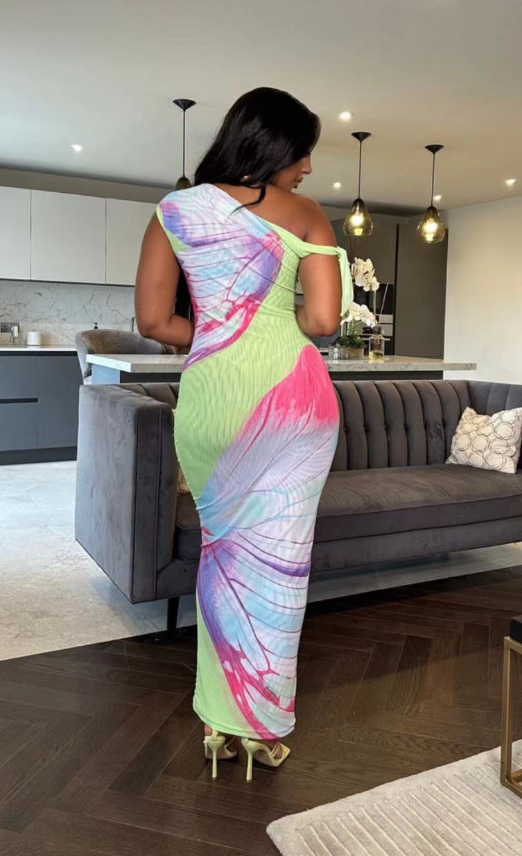 Women Summer Sexy Mesh Slash Shoulder Bodycon Dress 4