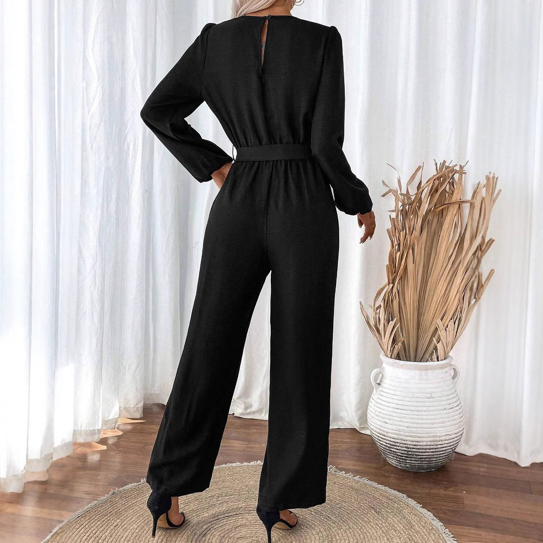Women’s Casual Fashion Long Sleeve Zipper Belted Jumpsuit 4