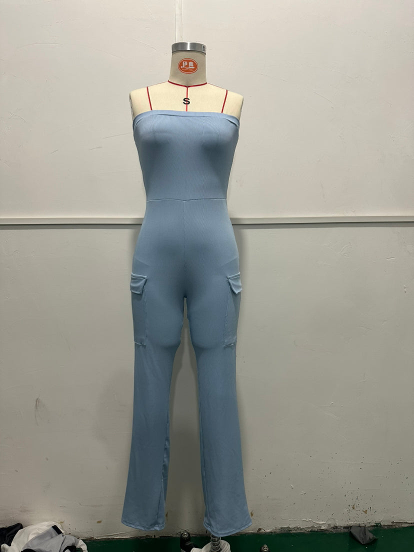 Summer Fashion Solid Color Ribbed Pocket Sexy Tight Fitting Jumpsuit 8
