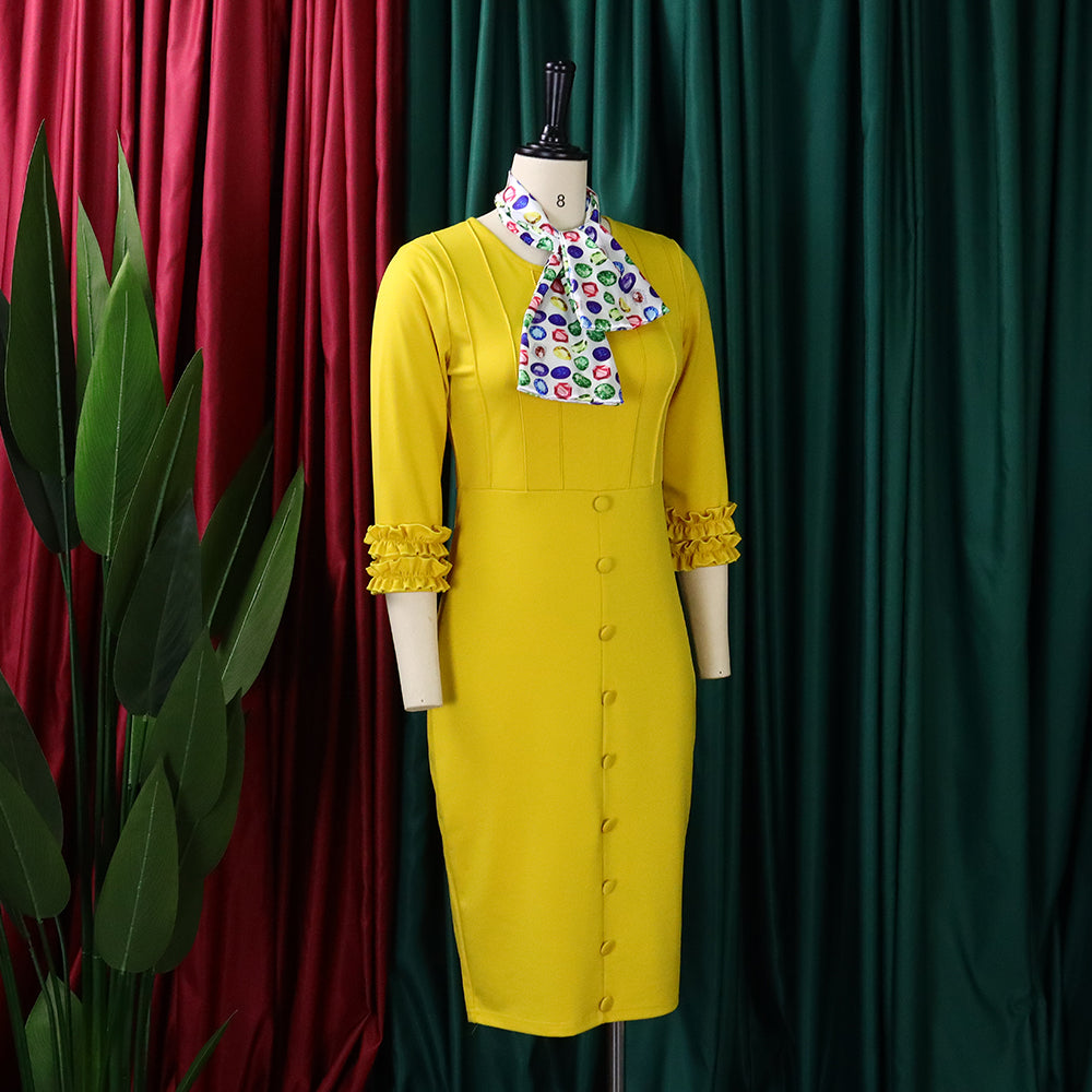 Women Fall Long Sleeve Solid Color Slit Scarf Bodycon Dress 17