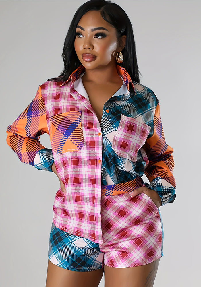 Women contrast plaid print long-sleeved shirt and shorts two-piece set