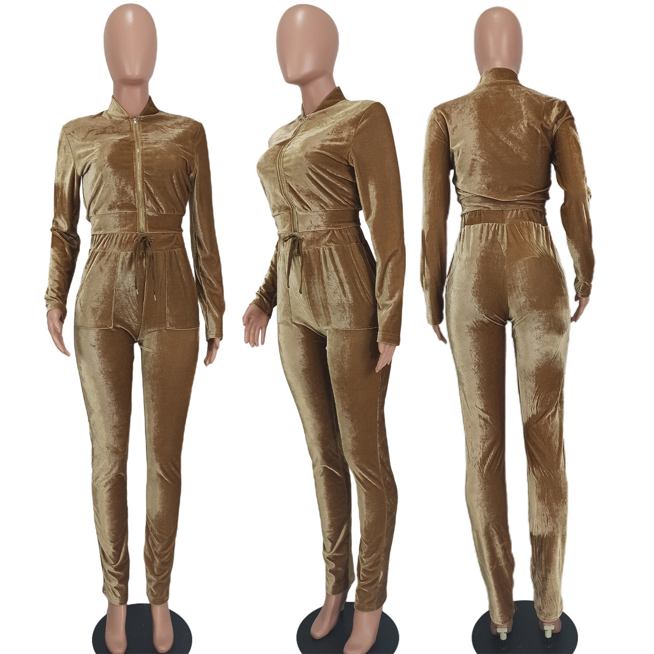 Ladies Fashion Casual Solid color Zip Long Sleeve Two Piece Tracksuit 12