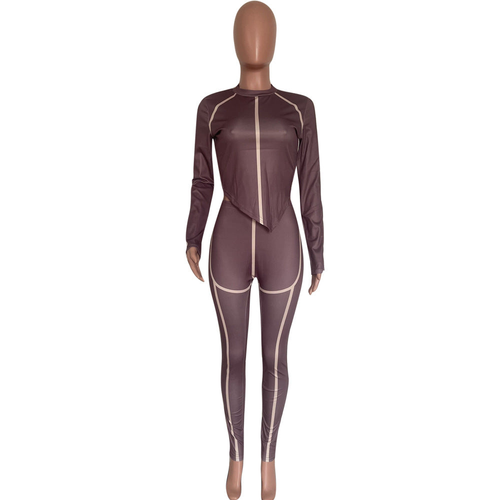 Women's Fashionable brown sexy tight fitting long sleeve Top and pants two-piece set 7
