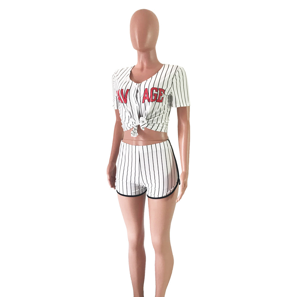 Women Sexy Women Striped Letter Baseball Top and Skirt Two-piece Set 52