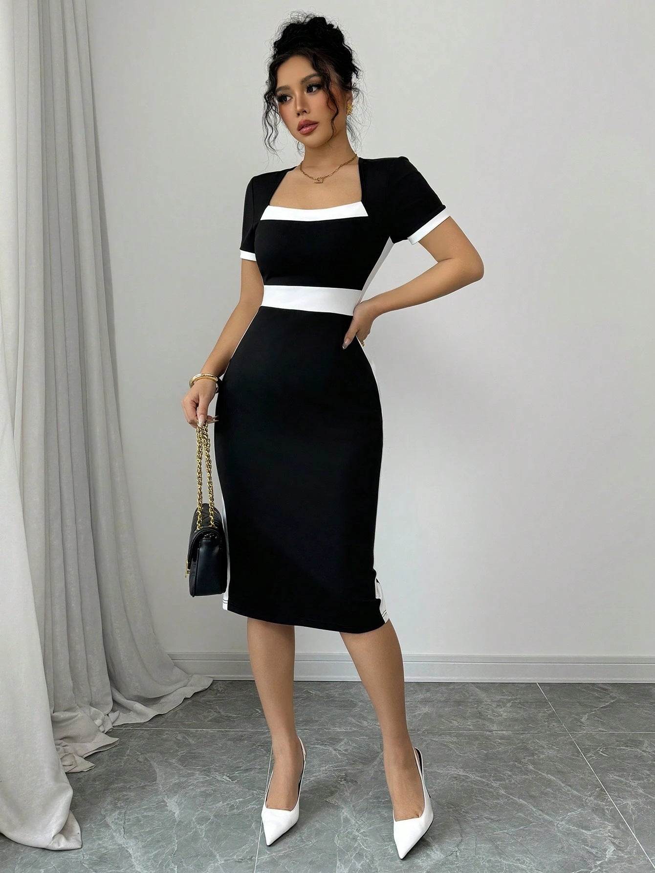 Women's Sexy Square Neck Contrasting Mid-Length Bodycon Dress 6